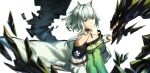  1girl absurdres animal_ear_fluff animal_ears arknights bare_shoulders breasts cat_ears cat_girl coat crystal detached_collar dress green_dress green_eyes grey_hair highres kal'tsit_(arknights) long_sleeves looking_at_viewer mon3tr_(arknights) mon3tr_(summon)_(arknights) off-shoulder_dress off_shoulder redfish short_hair simple_background solo stethoscope upper_body white_background white_coat white_hair 