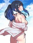  1girl absurdres alternate_costume anygatsby bikini blue_archive blue_eyes blue_hair blue_halo colored_inner_hair commentary english_commentary from_behind halo highres looking_at_viewer looking_back multicolored_hair ponytail saori_(blue_archive) shirt side-tie_bikini_bottom smile solo swimsuit white_bikini white_shirt 