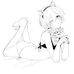  1boy animal_ear_fluff animal_ear_hairband animal_ears ascot bare_legs barefoot bikini cat_ear_hairband cat_ears cat_tail closed_mouth commentary crossdressing crossdressing_(mtf) dot_nose fake_animal_ears fake_tail finger_to_own_chin frilled_ascot frills from_side full_body hair_between_eyes hair_ornament hair_scrunchie hairband hands_up highres looking_at_viewer low_twintailed_boy_(sunaba_(nczd5875)) low_twintails lying maid maid_bikini male_focus medium_hair monochrome on_stomach one_eye_closed original scrunchie side-tie_bikini_bottom side-tie_bikini_top simple_background sketch smile solo sunaba_(nczd5875) swimsuit tail trap twintails unconventional_maid white_background 