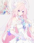  1girl breasts commentary_request cyrene_(demiurge)_(honkai:_star_rail) cyrene_(honkai:_star_rail) diamond-shaped_pupils diamond_(shape) dress earrings grey_background halo highres honkai:_star_rail honkai_(series) jewelry ki_ii37 large_breasts long_hair medium_hair multicolored_hair pink_hair prototype_design purple_eyes reference_inset simple_background smile solo symbol-shaped_pupils two-tone_hair very_long_hair white_dress white_hair 