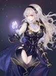  1girl armor armored_leotard ascot black_armor black_background black_hairband blue_cape blue_gem boobplate breasts brooch cape cape_lift cleavage clothing_cutout commentary_request cowboy_shot cuirass dragonstone female_corrin_(fire_emblem) female_corrin_(nohr_noble)_(fire_emblem) fire_emblem fire_emblem_fates floating_hair gauntlets gem gloves gradient_background green_gem hair_between_eyes hairband helen_(helen2210hk) highres jewelry leotard long_hair looking_at_viewer medium_breasts official_alternate_costume parted_lips pauldrons pointy_ears red_eyes shoulder_armor simple_background single_pauldron solo tassets thigh_cutout thighhighs watermark wavy_hair white_ascot white_hair 