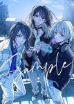  3girls absurdres bang_dream! bang_dream!_it's_mygo!!!!! black_choker black_hair black_jacket blowing_bubble_gum blue_eyes blue_shirt chewing_gum choker drink_carton ear_piercing face_piercing facial_mark grey_pants hand_in_pocket handheld_game_console headphones headphones_around_neck hero45439083942 heterochromia highres holding holding_drink_carton holding_handheld_game_console jacket kaname_raana light_particles lip_piercing long_hair long_sleeves mole mole_under_eye multiple_girls open_clothes open_jacket pants piercing purple_eyes rooftop shiina_taki shirt short_hair teardrop_facial_mark white_hair white_jacket white_pants yahata_umiri yellow_eyes 