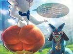 2026 3d_(artwork) anthro artist_name big_butt black_inner_ear blue_body blue_ears blue_sky blue_tail blush butt chest_spike cinderace cloud colored dialogue digital_media_(artwork) duo english_text exclamation_point female generation_4_pokemon generation_8_pokemon grass hand_behind_head hi_res huge_butt lagomorph leporid lucario male mammal motion_lines multicolored_body nintendo open_mouth outside plant pokemon pokemon_(species) rabbit red_body red_eyes red_mouth red_tongue rexterred scut_tail shaded short_tail sky speech_bubble spikes spikes_(anatomy) tail talking_to_another teeth text thick_thighs tongue two_tone_body white_body white_ears white_tail