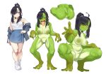 2026 4_toes 5_fingers absurd_res amphibian black_hair bottomwear breasts butt clothing crouching digital_media_(artwork) featureless_crotch feet female fingers footwear frog green_body growth hair hi_res human looking_at_viewer mammal membrane_(anatomy) neko_kaminari80 nipples nude open_mouth ponytail sequence shirt shoes simple_background skirt solo species_transformation standing tail tail_growth toes tongue tongue_out topwear transformation webbed_feet webbed_hands white_background