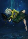  1girl 4oop absurdres air_bubble black_hat blue_background bubble closed_eyes closed_mouth disembodied_linked_eye expressionless floating from_side full_body green_hair green_skirt hat highres knee_up komeiji_koishi legs_folded long_sleeves looking_ahead medium_hair plantar_flexion shirt skirt solo touhou underwater unworn_headwear yellow_shirt 