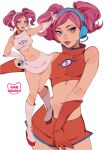  1girl blue_eyes boots cyber_fashion gloves highres holding holding_microphone kamii_momoru microphone orange_boots orange_gloves pink_eyes pink_hair platform_boots short_twintails space_channel_5 twintails ulala 