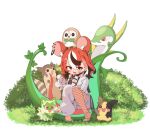  1girl animal_ear_fluff animal_ear_piercing animal_ears asymmetrical_clothes bird black_hair black_streaks blue_eyes blush breasts cat cleavage cleavage_cutout clothing_cutout commentary cropped_arm crossover earrings english_commentary fade_(haircut) fang fishnets full_body furret grass green_fur hair_ornament hakos_baelz hakos_baelz_(monochrome_dancer) highres hololive hololive_english hoop_earrings jacket jadea5124 jewelry looking_at_viewer maushold mimikyu mouse_ears mouse_girl multicolored_hair on_ground on_head open_mouth owl pantyhose_under_pants pokemon pokemon_(creature) red_eyes red_hair rowlet serperior shaved_mark single_pantsleg smile snake sprigatito squatting streaked_hair virtual_youtuber white_hair white_jacket white_streaks 