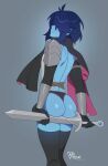  1other absurdres androgynous armor artist_name ass ass_focus black_cape black_thighhighs blue_hair blue_skin cape colored_skin commentary commission deltarune english_commentary gauntlets hair_between_eyes highres holding holding_weapon kris_(dark_world)_(deltarune) kris_(deltarune) looking_at_viewer matemi multicolored_cape other_focus second-party_source short_hair simple_background smile solo solo_focus sword thighhighs underwear utdr_(toby_fox) weapon 