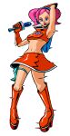  1girl absurdres blue_eyes boots cyber_fashion energy_gun gloves highres holding holding_microphone kolsanart microphone orange_boots orange_gloves pink_eyes platform_boots ray_gun retrofuturism short_twintails space_channel_5 twintails ufo_skirt ulala weapon 
