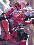  1boy ascot boots branch bulge cape chair commentary covered_abs covered_pectorals crown deadpool deadpool_(series) english_commentary fur-trimmed_cape fur_trim gloves gun handgun highres holding holding_gun holding_weapon knee_up looking_at_viewer male_focus marvel marvel_rivals mask muscular muscular_male no_pupils official_alternate_costume on_throne pectorals red_boots red_gloves sitting solo spider-man spider-man_(original_suit) spider-man_(series) superhero_costume throne twitter_username weapon white_ascot zhuazhua8949 