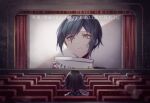  2boys bangs black_hair brown_eyes checkered checkered_scarf commentary_request curtains danganronpa_(series) danganronpa_v3:_killing_harmony facing_away flipped_hair food goto_(sep) head holding indoors looking_at_screen looking_at_viewer male_focus movie movie_theater multiple_boys ouma_kokichi popcorn saihara_shuuichi scarf seat short_hair sitting space star_(sky) sweatdrop translation_request wavy_mouth 