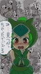  1girl ahegao blush breasts brown_eyes embarrassed female_pervert fingerless_gloves gloves green_hair green_skirt grey_background highres hood imagining implied_sex kemono_friends looking_down masuyama_ryou motion_lines multiple_girls ninja nipples one_eye_closed open_mouth panther_chameleon_(kemono_friends) pervert portrait red_eyes sex skirt small_breasts speech_bubble tearing_up tears translated 