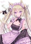  1girl :o absurdres animal_ear_fluff animal_ears bandaid bandaid_on_arm bandaid_on_cheek bandaid_on_face black_bow black_dress black_nails blonde_hair bow breasts cat_ears cat_girl cat_tail cleavage commentary_request dress hair_between_eyes highres hizaka long_hair looking_at_viewer medium_breasts nail_polish original parted_lips plaid_background purple_eyes signature sleeveless sleeveless_dress solo tail tail_bow tail_ornament twintails very_long_hair wrist_cuffs 