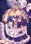  1girl adapted_costume apron back_bow blonde_hair blush bow bowtie braid broom broom_riding commentary_request frilled_skirt frills hair_bow hat hat_bow highres jaku_sono kirisame_marisa long_hair looking_at_viewer marisa_day open_mouth pink_bow pink_eyes purple_bow purple_bowtie purple_hat purple_skirt side_braid single_braid skirt smile solo touhou very_long_hair waist_apron white_apron white_bow witch_hat 
