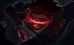  1boy art_study blue_bodysuit bodysuit commentary cyclops_(x-men) dark english_commentary gloves glowing glowing_eyes head-mounted_display k6misato male_focus marvel marvel_rivals muscular muscular_male open_mouth red-tinted_eyewear red_hair scene_reference scott_summers short_hair solo superhero_costume teeth tinted_eyewear upper_body water_drop x-men 