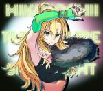  1girl ahoge anjerain arm_up asymmetrical_sleeves black_sleeves blonde_hair bracelet breasts character_name closed_mouth commentary_request crop_top detached_sleeves fingernails fur_sleeves green_eyes green_sleeves headset highres hoshii_miki idolmaster idolmaster_(classic) jewelry long_hair looking_at_viewer mismatched_sleeves multiple_bracelets nail_polish purple_nails serious sleeveless solo upper_body 