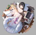  2girls absurdres anal_tail animal animal_ears ass_mousepad bangs bare_shoulders black_footwear black_hair black_legwear blonde_hair blush brown_eyes cat chinese_commentary commentary_request computer cushion dildo fake_tail feet flat_chest foot_hold full_body gag hair_between_eyes highres holding holding_hands laptop legs_up legwear_removed loafers long_hair looking_at_viewer looking_back lying lying_on_person mouse_(computer) mousepad_(object) moyamoya_(moya11158375) multiple_girls nintendo_switch nipples no_shoes on_back on_stomach open_mouth original panties panties_under_pantyhose pantyhose pillow sex_toy shoes shoes_removed soles strap_slip table tail toes topless underwear vibrator white_legwear white_panties wooden_floor yellow_eyes 