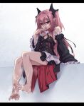  1girl after_footjob barefoot cum_on_feet detached_sleeves eyebrows_visible_through_hair feet flat_chest frills highres krul_tepes kyuutou_(kyuutouryuu) letterboxed licking long_hair looking_at_viewer owari_no_seraph pink_hair red_eyes saliva sitting solo toes two_side_up 