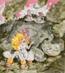  1girl abstract_background absurdres blonde_hair bow cloud coffee coffee_mug coffee_pot commentary_request cup dress eudetenis fang flower hair_bow highres knees_together_feet_apart leaf long_hair looking_at_animal loose_socks mug on_ground original outdoors parted_bangs petting pink_shoes pink_sky pointy_ears puffy_sleeves shikishi shoes short_eyebrows signature sitting sky sleeping socks solo square_neckline steam tareme tortoise traditional_media tree turtle wavy_hair white_dress yellow_socks 