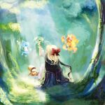  1girl ahoge blonde_hair blue_eyes blue_hair bow brown_hat brown_shoes cloak day elements fairy fantasy fins fire floating forest from_behind full_body green_hair hat light_rays long_hair long_sleeves merfolk mermaid monster_girl moss nature on_tree_stump outdoors outstretched_arm plant pobii red_bow scarf scenery shoes sitting sunbeam sunlight tree tree_stump water water_drop wavy_hair white_scarf wide_sleeves wizard_hat 