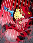  collar devil_dinosaur dinosaur dinosaur_tail english_commentary fangs fins fish_tail highres horns jeff_the_land_shark laser looking_at_another marvel marvel_rivals reediculous_art shark shark_fin shark_tail tail water 