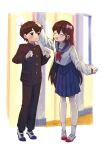  1boy 1girl :d ^_^ aged_down ankle_socks antenna_hair aubrey_(faraway)_(omori) aubrey_(omori) backlighting black_eyes black_hair black_jacket black_pants black_socks blue_sailor_collar blue_skirt blurry blurry_background blush border bright_pupils child clenched_hand clenched_hands closed_eyes closed_mouth commentary_request curtains dendenmushi1064 double-parted_bangs facing_another film_grain frown full_body gakuran gold_buttons hair_behind_ear hair_between_eyes hair_ornament hand_on_another's_head hands_up highres indoors jacket long_hair long_sleeves medium_skirt neckerchief omori open_mouth outside_border pants pigeon-toed pleated_skirt puffy_long_sleeves puffy_sleeves red_neckerchief ribbed_socks sailor_collar school_uniform shirt shoes short_hair skirt sky smile socks standing straight_hair sunny_(omori) sweat teeth tongue turtleneck turtleneck_jacket upper_teeth_only uwabaki very_long_hair very_short_hair white_border white_pupils white_shirt white_shoes white_sky white_socks window wooden_floor 