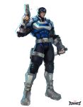  1boy absurdres armor asymmetrical_dual_wielding black_pants blue_armor blue_eyes boots bullseye_(marvel) commentary commission copyright_logo covered_abs cowl daredevil_(series) dual_wielding english_commentary grin gun handgun highres holding holding_gun holding_knife holding_weapon knee_pads knife logo male_focus marvel marvel_rivals marvel_rivals_(style) muscular muscular_male pants shim0rin smile solo target weapon white_armor white_background white_boots 
