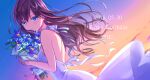 1girl 2018 backless_dress backless_outfit bangs blue_eyes blue_flower bouquet brown_hair character_name dated dress floating_hair flower hair_between_eyes happy_birthday holding holding_bouquet ichinose_shiki idolmaster idolmaster_cinderella_girls idolmaster_cinderella_girls_starlight_stage long_hair looking_at_viewer shiny shiny_hair shiyu_(hagiwara_shiyu) sleeveless sleeveless_dress solo sundress very_long_hair white_dress 