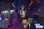  1girl black_jacket black_skirt black_sleeves blue_sleeves closed_eyes copyright_logo cropped_jacket duskyhallows english_text goggles goggles_on_head green_panties green_shoes grin highres jacket jumping logo multicolored_jacket open_clothes open_jacket original panties purple_jacket shoes skirt sleeveless sleeveless_jacket smile solo striped_clothes striped_panties striped_sleeves tank_top two-tone_jacket two-tone_panties two-tone_sleeves underwear white_panties white_tank_top 