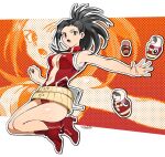  1girl 203wolves black_eyes black_hair boku_no_hero_academia boots breasts cleavage full_body leotard long_hair medium_breasts midriff navel open_mouth outstretched_arm ponytail red_footwear red_leotard revealing_clothes shiny shiny_footwear shiny_hair signature solo stomach tied_hair yaoyorozu_momo 