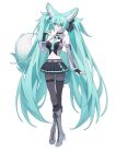  1girl absurdres animal_ear_fluff animal_ears aqua_eyes aqua_hair aqua_nails aqua_necktie bare_shoulders black_boots black_skirt black_thighhighs boots breasts closed_mouth commentary_request fingernails fox_ears fox_girl fox_tail full_body grey_pantyhose hair_between_eyes hand_up hatsune_miku highres kemonomimi_mode long_hair looking_at_viewer medium_breasts meng_xi_xuan nail_polish navel necktie no_panties pantyhose pussy revision see-through_clothes see-through_skirt simple_background skirt smile solo standing tail thighhighs thighhighs_over_pantyhose twintails very_long_hair vocaloid white_background 