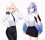  2girls absurdres adjusting_eyewear alternate_costume arm_behind_back artist_name aug_(girls'_frontline) belt black_belt black_necktie black_pants black_skirt blonde_hair blue_eyes blue_hair blush breasts closed_mouth commentary_request feet_out_of_frame flower formal_clothes girls'_frontline girls'_frontline_neural_cloud glasses hair_flower hair_ornament hand_on_own_hip highres holding holding_notepad hubble_(neural_cloud) long_hair long_sleeves medium_breasts multicolored_hair multiple_girls necktie notepad office_lady official_style open_mouth pants shirt simple_background skirt sleeveless sleeveless_shirt smile standing streaked_hair undercoder white_background white_shirt yellow_eyes 