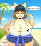  absurd_res anthro beach big_breasts bodily_fluids bottomwear breasts brown_hair canid canine canis clothed clothing curvy_figure digital_media_(artwork) domestic_dog english_text eyes_closed fanning_self female grass hair hat headgear headwear hi_res huge_breasts june_(jinu) lobokosmico mammal mature_anthro mature_female outside palm_tree plant sand sea seaside shiba_inu shorts sky solo spitz sweat text thick_thighs translucent translucent_clothing tree voluptuous water wide_hips 