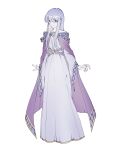  1girl arms_at_sides bare_shoulders breasts cape circlet closed_mouth commentary english_commentary fire_emblem fire_emblem:_genealogy_of_the_holy_war highres julia_(fire_emblem) long_hair long_sleeves looking_at_viewer purple_cape purple_eyes purple_hair robe sidelocks simple_background small_breasts solo standing white_background white_robe wide_sleeves yurari_forever 