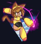 2026 absurd_res anthro arm_cannon breasts brown_body brown_hair clothing domestic_cat eyelashes eyewear eyewear_on_head felid feline felis female gameoverse glitch_productions goggles goggles_on_head hair hi_res jamoart kit_(gameoverse) magenta_eyes mammal open_mouth solo whiskers yellow_sclera