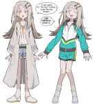  1girl blonde_hair closed_eyes collarbone colored_eyebrows colored_eyelashes denim denim_shorts dizzyspells dot_nose earrings english_text full_body furrowed_brow gakuen_idolmaster gym_uniform hair_ornament hairclip idolmaster jacket jewelry knees_together_feet_apart long_hair looking_at_viewer lowleg lowleg_shorts messy_hair midriff_peek multiple_views official_alternate_costume open_clothes open_mouth open_robe parallel_hairclips pixel_art robe shinosawa_hiro shoes shorts socks speech_bubble sportswear standing sweat sweatdrop talking tank_top wavy_mouth white_background white_robe white_shoes white_socks white_tank_top yellow_eyes 