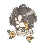  1girl black_hair breasts chinese_commentary commentary_request cropped_torso curtained_hair eleanor_si flower hand_on_own_hip inaterayukiha long_sleeves looking_at_viewer love_curse:_find_your_soulmate lowres mouth_hold one_eye_closed orange_flower orange_rose pixel_art rose short_hair simple_background solo thumbs_up white_background yellow_eyes 
