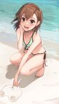  1girl :d adjusting_hair animal_print asymmetrical_bangs beach bikini breasts brown_eyes brown_hair cleavage collarbone commentary_request drawing_(action) frog_print front-tie_bikini_top front-tie_top full_body gekota green_bikini hair_behind_ear highres k3rd looking_at_viewer medium_hair misaka_mikoto ocean outdoors print_bikini sand side-tie_bikini_bottom small_breasts smile solo squatting swimsuit teeth toaru_kagaku_no_railgun toaru_majutsu_no_index upper_teeth_only 