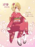  2026 absurdres brown_hair cherry_blossoms falling_petals floral_print floral_print_kimono flower hair_flower hair_ornament hairpin haru_meguru heaven_burns_red highres japanese_clothes kayamori_ruka kimono looking_at_viewer nengajou new_year petals print_kimono red_eyes red_kimono see-through_hair short_hair 