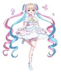 1girl :d absurdres alternate_costume back_bow beads blonde_hair blue_bow blue_eyes blue_hair blue_pupils blue_shoes bow breasts bug butterfly butterfly_earrings butterfly_hair_ornament chouzetsusaikawa_tenshi-chan dinobunny dot_nose dress earrings frilled_dress frilled_thigh_strap frills gloves gradient_hair hair_bow hair_ornament heart high_heels highres holding_own_dress jewelry knee_up long_hair looking_at_viewer multicolored_dress multicolored_hair multiple_hair_bows needy_girl_overdose open_mouth pink_bow pink_hair pink_ribbon purple_bow purple_hair quad_tails ribbon shoes short_sleeves sidelocks small_breasts smile solo standing standing_on_one_leg thigh_strap very_long_hair white_gloves yellow_bow 