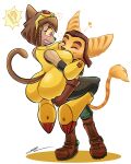 absurd_res anthro belt blush boots breasts breasts_on_face brown_body brown_fur brown_hair butt carrying_another carrying_partner clothing crimmy crossover domestic_cat eyebrows eyelashes felid feline felis female footwear fur gameoverse glitch_productions gloves hair handwear happy hi_res kit_(gameoverse) lombax male male/female mammal ratchet_(ratchet_and_clank) ratchet_and_clank robotic_arm shoes smile sony_corporation sony_interactive_entertainment stripes surprised tail weapon yellow_body yellow_fur