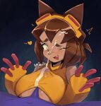  1boy 1girl animal_ears awkwardlytrashy brown_hair cat_ears cat_girl cat_tail colored_skin cum cum_in_clothes cum_on_body cum_through_clothes ejaculation_under_clothes facial furry furry_female gameoverse gauntlets goggles goggles_on_head highres kit_(gameoverse) paizuri paizuri_under_clothes purple_skin red_eyes sleeveless sleeveless_turtleneck tail thick_eyebrows toon_(style) turtleneck yellow_gauntlets 