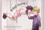  2boys against_wall amami_rantarou antenna_hair arm_at_side bangs black_footwear buttons checkered checkered_scarf danganronpa_(series) danganronpa_v3:_killing_harmony dated double-breasted eye_contact from_side green_hair grin hair_between_eyes hakamii hand_on_another&#039;s_chin hand_on_hip happy_birthday highres jacket jewelry legs_together long_sleeves looking_at_another multiple_boys necklace ouma_kokichi pants purple_hair scarf shiny shiny_hair shirt shoes short_hair smile striped striped_shirt trembling white_jacket white_pants 
