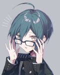  1boy ahoge bangs black_jacket brown_eyes buttons commentary_request danganronpa_(series) danganronpa_v3:_killing_harmony double-breasted eyebrows_visible_through_hair glasses goto_(sep) green_hair grey_background hair_between_eyes hands_up highres jacket long_sleeves looking_at_viewer male_focus open_mouth saihara_shuuichi shiny shiny_hair short_hair simple_background solo striped_jacket sweatdrop upper_body 