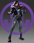  1girl black_gloves black_hair black_jacket brown_scarf clenched_hands commentary commission english_commentary fingerless_gloves floating_hair full_body gloves gradient_background grey_background grey_eyes grey_pants highres jacket jessica_jones leather leather_jacket long_hair looking_at_viewer marvel marvel_rivals marvel_rivals_(style) pants scarf shim0rin solo torn_clothes torn_pants twitter_username 