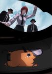 1girl 2boys black_coat black_hat black_necktie black_pants car_trunk chainsaw_man closed_mouth cloud cloudy_sky coat collared_shirt day fedora grand_theft_auto grand_theft_auto_v hat highres in_trunk long_hair makima_(chainsaw_man) multiple_boys necktie pants pochita_(chainsaw_man) red_hair ringed_eyes sawgak shirt shirt_tucked_in sidelocks sky smile white_shirt yellow_eyes 