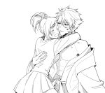  1boy 1girl abs bleach bleach:_epilogue breasts commentary english_commentary hatching_(texture) hetero highres hitsugaya_toushirou hitsugaya_toushirou_(adult) hug japanese_clothes kurosaki_karin lipstick_mark medium_breasts miniskirt monochrome open_clothes open_mouth pleated_skirt ponytail silegesi skirt smile toned toned_male 