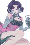  1girl anjo_nala bare_legs bare_shoulders black_hair breasts choker closed_mouth curled_horns dress elbow_gloves feet_out_of_frame finger_to_mouth gloves green_tail grey_choker grey_gloves grey_horns grin hand_up highres holding holding_microphone_stand horns kasago0217 large_breasts lizard_tail long_hair looking_at_viewer low_horns microphone microphone_stand pink_dress purple_eyes reverse:1999 sitting sleeveless sleeveless_dress smile solo tail vintage_microphone white_background yokozuwari 