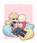  2boys apron bald black_pants black_sclera black_shirt blonde_hair blue_pants book border brown_eyes colored_sclera denim eating feeding food genos heart heart-shaped_pillow holding holding_book holding_spoon hood hood_down hoodie ie_(nyj1815) jeans long_sleeves male_focus multiple_boys no_shoes one-punch_man open_book pants pillow pink_apron pink_background plate polka_dot_border pudding saitama_(one-punch_man) shirt sitting sitting_on_lap sitting_on_person sleeveless sleeveless_shirt socks spoon white_border white_hoodie white_socks 
