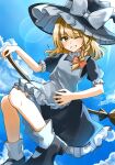  1girl absurdres apron black_dress black_shoes blonde_hair blue_sky blush bow braid broom broom_riding cloud commentary day dress embodiment_of_scarlet_devil frilled_dress frills grin hair_bow hat hat_bow heart highres kirisame_marisa marisa_day mary_janes one_eye_closed puffy_short_sleeves puffy_sleeves red_bow shoes short_sleeves side_braid single_braid sky smile socks temmie_(temi_maru) touhou white_apron white_bow white_socks wink_heart witch_hat yellow_eyes 